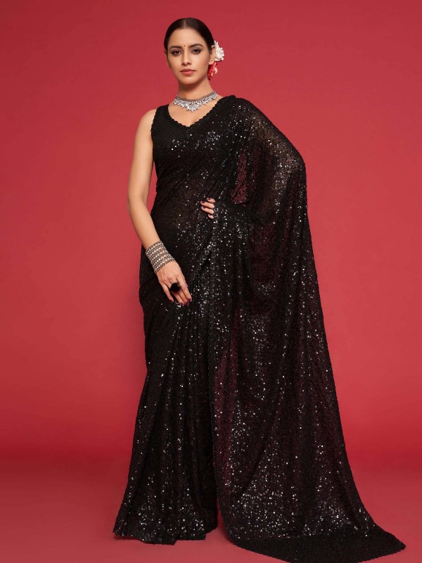 Black Pure Georgette Saree